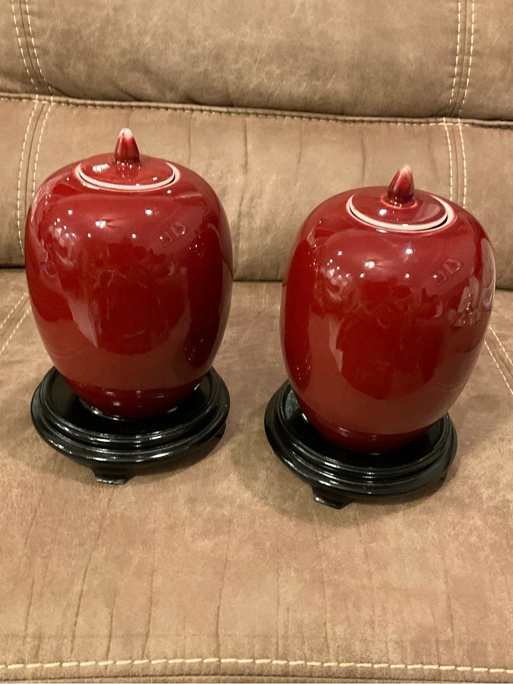Vintage Pair of Red Porcelain Ginger Jars with Wooden Pedestals